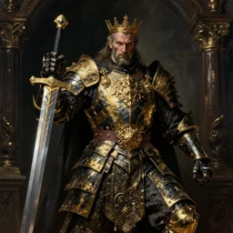 Realist highly intricate dark detailed subtle epic baroque painting of a powerful warrior badass divine royal wearing black and gold body armor and brandishing a righteous sword, rich style, depth of field, award winning on artstation cinematic