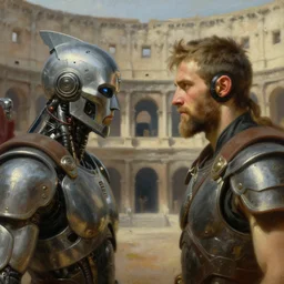 stunning close - up painting of two cybertronic gladiators facing each other in a cyberpunk colosseum, sci - fi, focus on the gladiators, by delacroix and ivan aivazovsky