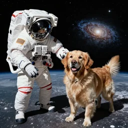 photograph of astronaut golden retriever in outer space. NASA. reflection of beautiful galaxy on helmet. Extremely detailed. Beautiful. 4K. Award winning. magazine cover.
