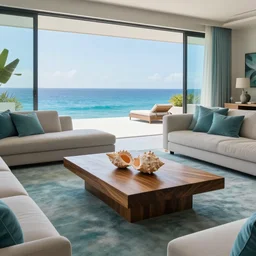 A modern hi tech living room in a ocean hues style next to a big terrace overlooking the ocean, a luxurious wooden coffee table with large seashells on top in the center, inspired by the ocean, calm, relaxed style, harmony, wide angle shot, 8k resolution, ultra detailed