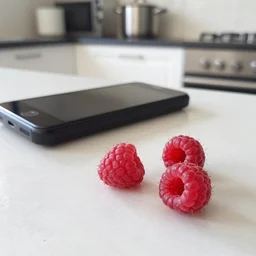 mobile photo of few raspberries lie on a сhopping board, kitchen background, android cameraphone, 2 6 mm