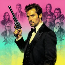 detailed portrait of the elegant man, pistol, in the style of rob lefield and dan mumford, epic gradient, by atey ghailan, by greg rutkowski, by greg tocchini, by james gilleard, by joe fenton, by kaethe butcher, gradient pink turquoise, graffiti tag, 8 k, black and yellow color scheme, grunge aesthetic.