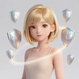 a cute girl with short blonde hair, with intricately detailed shields of holographic light circling around her body, long shot, sci fi anime, dramatic lighting