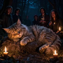 portrait of Denise Richards snoozing on her giant fuzzy cat beast, torches and fireflies, mystical dark eerie night, Donato Giancola, WLOP, Artgerm, Mark Keathley, Victor Nizovtsev, Carlos Shwabe, Ross Tran, WLOP