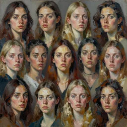 A painting of a chaotic pattern of realistic women portraits, each with a different facial expression by harris nukem, ruan jia, pollock, marjorie cameron, 35mm, f2.8, nikon, expressive brush, breathtaking render, unreal engine, william Godward, cyberpunk