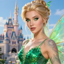 a close - up of beautiful tattooed blonde fairy wearing a magical emerald leotard with the disney castle in the background, hyper realistic face, green eyes, fantasy art, in the style of greg rutkowski, illustration, epic, fantasy, intricate, hyper detailed, artstation, concept art, smooth, sharp focus, vibrant