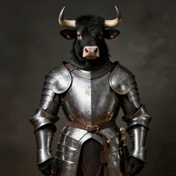 historical portrait black fur bull man plate armor