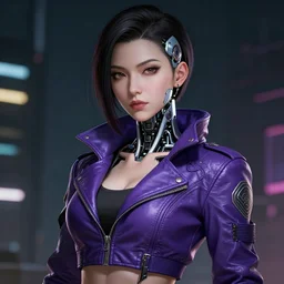 portrait of Japanese female gang member of night city, Cyberpunk 2077, cyborg neck, cybernetic neck implant, Wearing futuristic short violet leather jacket, intricate, elegant, highly detailed, digital painting, artstation, concept art, smooth, sharp focus, illustration, art by artgerm and greg rutkowski and alphonse mucha