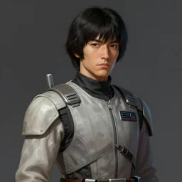portrait of a man by greg rutkowski, japanese features, black hair with bangs, very tall and slender, star wars expanded universe, he is about 2 0 years old, wearing starfighter pilot uniform, digital painting, artstation, concept art, smooth, sharp foccus ilustration, artstation hq