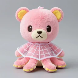 a cute pink with yellow color accents octopus plush wearing a sheer bat poncho with spider webbing pattern, normal arms, by the sanrio company, real, build a bear, adorable, kawaii, style of animalcrossing by nintendo