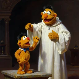 Frank Frazetta painting of Bert the Muppet in high priest robes sacrificing Ernie the muppet on an altar.