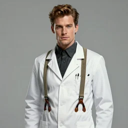 steampunk matt bomer as a doctor, suspenders, in the style of artgerm and charlie bowater and atey ghailan and mike mignola, epic lighting, vibrant colors and hard shadows and strong rim light, very coherent, comic cover art, plain background, trending on artstation
