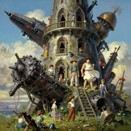a fairy - tale wonderland painting of a compound built from the wreckage of a crashed starship by greg rutkowski, hayao miyazaki, studio ghibli smooth concept art, 4 k matte thomas kinkade, ted nasmith, key art, artstation, alphonse mucha, incredible amazingly beautiful oil painting