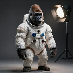 studio photo still gorilla wearing a space suit, 8 k, studio lighting, key light from right side,