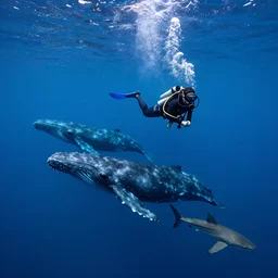 a deepsea diver diving into a clear blue ocean surrounded by whales and sharks 4k high resolution