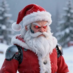 portrait of santa, cyborg, angry, red glowing eyes, christmas snow, artstation, by ross tran andgreg rutkowski
