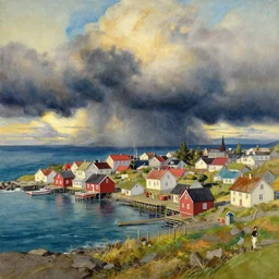 a beautiful painting of a icelandic fishing village, storm clouds gathering over the sea, by studio ghibli 8 k pastel colours, smeared watercolours, golden light film grain