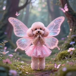 professional HDR flambient wide angle bokeh photography of a cute pink glittery magical fairy enchanted forest fantasy butterflies and poodles