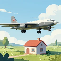 illustration of b 2 bomber over a small house, 1 8 3 5.