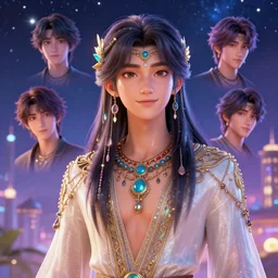 masterpiece portrait charming and miracle male astromancer boho accessories in dreamlike cg animation, kpop, glossy skin, luxry dress, high detailed face, animated, art by artgerm, greg rutkowski, macoto takahashi, big major starry sky and city in background, character select portrait, 3 d, fantasy, no distorsion, medium long shot, 8 k realistic