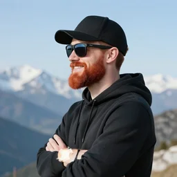 red bearded engineer with sunglasses and black baseball cap and hoody, strait hands, mountain, smiley profile, white skin, centred, high detailed