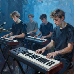 8 0's synthesizer band, new wave,. blueish atmospheric lighting. highly detailed painting by greg rutkowski.