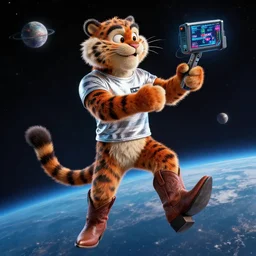Tony the Tiger wearing cowboy boots and a striped silver t-shirt playing a video game in space, Movie Poster, Highly Detailed