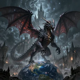 an epic demonic alien dragon demigod descending from the heavens and cosmos to consume the earth, gothic castle with tall spires, by dan seagrave art