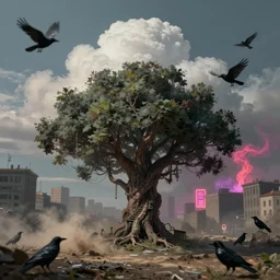 tilt shift, 1 9 1 2 wwi, cumulonimbus tree in a city, crows, dirt and dust, mold, behind, neon smoke, film still 3 5 mm, 3 2 k, colorized photo, dystopian environment, intricate, highly detailed, painting, artstation, concept, smooth, sharp focus, illustration, artgerm
