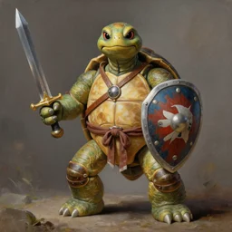 an animatronic turtle barbarian fighter with a sword and shield, highly detailed painting by gaston bussiere, craig mullins, j. c. leyendecker, 8 k