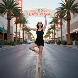 photo of symmetric carolyn goodman dancing on a street on las vegas strip, symmetry