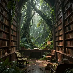 decaying interior of an ( ( old library ) ) with a rainforest growing inside, dawn scenery, highly detailed, intricate detail, realistic shaded lighting, beautiful 3 d rendering, octane render, hyperrealistic, trending on artstation, by greg rutkowski and simon stalenhag