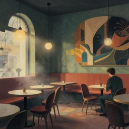 illustrated cafe interior, colorful, modern art deco, mads berg, karolis strautniekas, christopher balaskas, stippled light, low fog, moody, fine texture, editorial illustration, dramatic lighting, detailed, matte print, muted color, ( ( dieter rams ) )