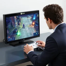 a man in a business suit playing video games on his xbox 360