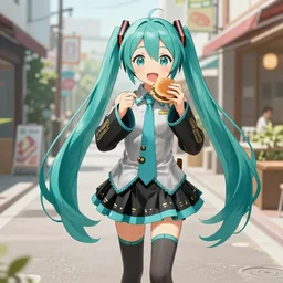 a anime girl Hatsune Miku is happily walking and eating hamburgers, in street