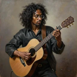 a black man with long curly hair wearing glasses playing guitar, desintegrating, high detailed oil painting by Michelangelo