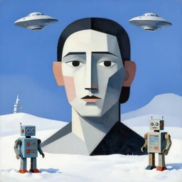 jackson pollock bauhaus abstract geometric portrait of sky, winter, snow, 1 9 5 0 s scifi, tin toy robots, ufo, flying saucer, moon, meninblack, steampunk, alley, streets, nicoletta ceccoli, mark ryden, lostfish, max fleischer, hyper realistic, artstation, digital paint, matte paint, vivid colors, bright, cheerful