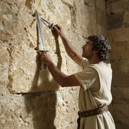 award winning cinematic still of 40 year old Mediterranean skinned man in Ancient Canaanite clothing fixing a crumbled wall in Jerusalem, holding a sword and a chisel, dramatic lighting, strong shadows, directed by Ridley Scott