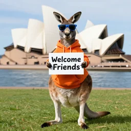 a portrait photo of a kangaroo wearing an orange hoodie and blue sunglasses standing on the grass in front of the sydney opera house holding a sign on the chest that says welcome friends, subject : kangaroo, subject detail : wearing orange hoodie, wearing blue sunglasses, subject location : sydney opera house, subject action : holding sign i