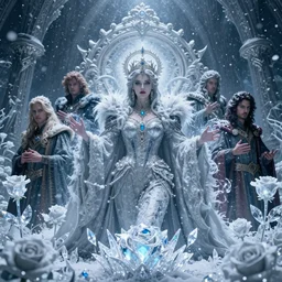 wide angle shot of holy royal cyberpunk queen with snow and blizzard magic, surrounded by ice and crystal roses, face center to the camera, style by laurie greasley gustave dore ron english and tom bagshaw, cedric payravernay, peter mohr, cinematic dramatic lighting, ornate, epic composition, octane blender, sharp focus, concept art