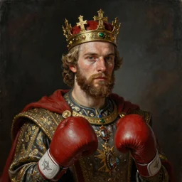 an oil painting portrait of a boxer wearing medieval royal robe and an ornate crown on a dark background, digital Art, concept Art, highly detailed, 3-D 4K, trending on art station, Award winning, Mark Brooks