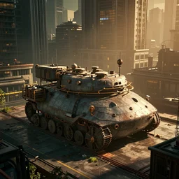 A tank in a cyberpunk city, detailed, warm colours