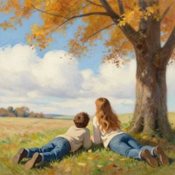 landscape pastel of tiny young man with long brown hair and woman with long light brown hair, laying under a tree looking at clouds autumn, ( ( ( wearing jeans ) ) ), by charles sillem lidderdale.