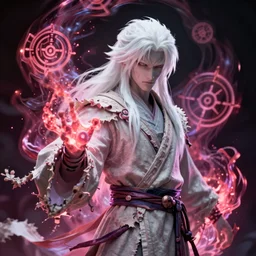 a white haired necromancer pulsing with necrotic energy, art by ayami kojima, power auras, sigils, tattered cloth robes, substance 3 d painter, pbr textures, physical based rendering, cinematic, hyper realism, high detail, octane render, unreal engine, 8 k, vibrant colors, smooth gradients, high contrast, depth of field, aperture