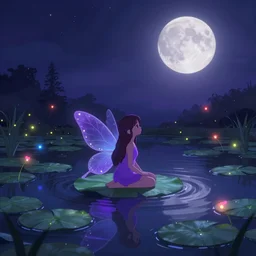 a fairy sitting in a pond of water at night, lilipads, ethereal moonlit landscape, purple fireflies, red fireflies, orange fireflies, blue fireflies, pink fireflies, artstation