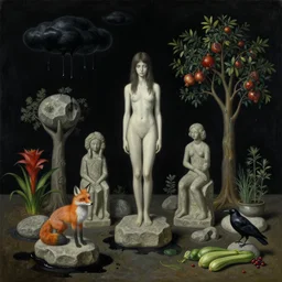 realistic painting of solid black night sky, tall emo girl, stone sculptures, a fox, a pear tree, black clouds dripping black paint, stones, black puddles, pomegranate tree, bromeliads, herbs, raven, courgettes, berries, zen, sensual, surrealist painting by magritte and monet and dali