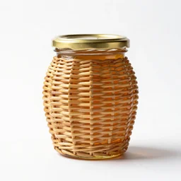 wicker jar of honey, professional product shot, isolated on a pure white background, centered, entire object in frame, sharp focus, soft studio lighting