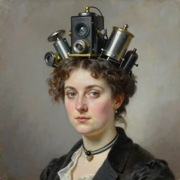 oil painting portrait of a victorian woman with tecnological devices on her head