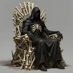 a detailed hyperrealistic artstation painting of a throne made of skeletons and bones strung together, a 7 foot tall black hooded man sits on the thrown, arm outreached with a clawed hand