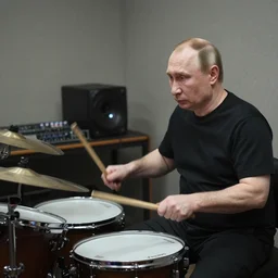 Vladimir Putin programming a drum beat on a Roland Tr-909 in his moody music studio